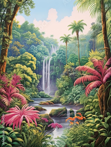 Waterfall Wall Decor: Oasis Landscape, Cascading Art, Jungle Nature Print