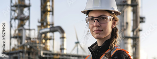 Women in engineering. Confident female engineer wearing a hard hat in front of an industrial site, showcasing her expertise, leadership, and contribution to the field. Generative ai.