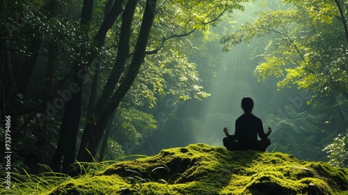 A serene individual meditating in a lush forest, surrounded by tranquil nature