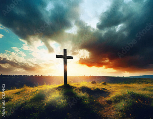  Cross on the hill in sunrise. Easter religious concept.