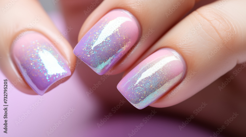 Naklejka premium Inspiracja - holograficzne ombre na paznokciach - manicure z brokatem w odcieniach różu i fioletu. Zadbane dłonie u kosmetyczki