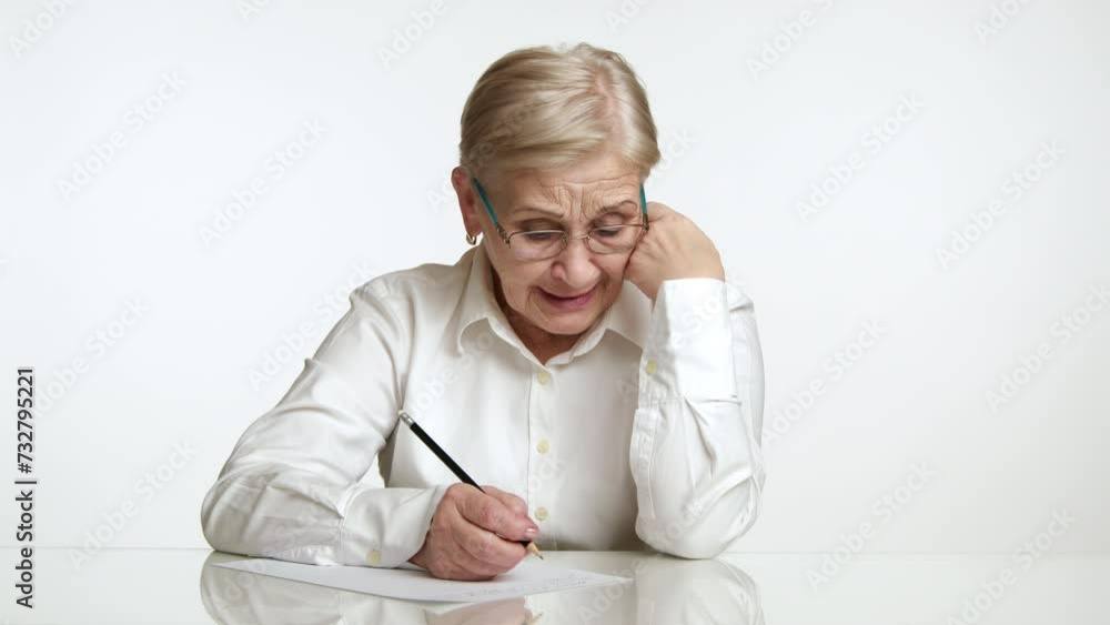 Sobbing well-groomed senior woman in despair in spectacles with short blonde hair, long sleeve shirt making notes sitting at white table in white studio. High quality 4k footage