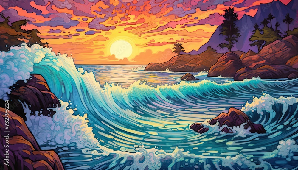 Coastal scene with rocky cliffs and crashing waves against a colorful sky.