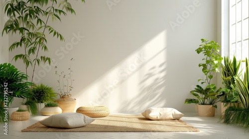 A peaceful meditation room adorned with plants and natural elements