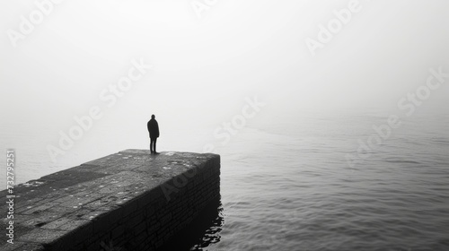 A small figure standing at the edge of the ocean, contemplating the vastness with curiosity and awe