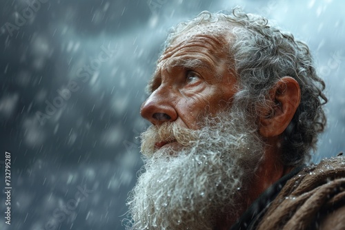 Poignant portrait biblical figure Noah stands hopeful anticipation, eyes fixed on horizon. Patiently waiting improved weather, he yearns for return of dove, embodying Christian faith and resilience photo