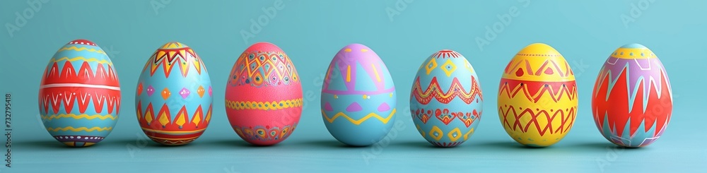 A collection of Easter eggs, each painted in bright, primary colors with bold, graphic designs, set against a sky blue background. A collection of Easter eggs, each painted in bright, primary colors with bold, graphic designs, set against a sky blue background.
