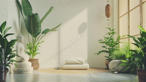 A peaceful meditation room adorned with plants and natural elements