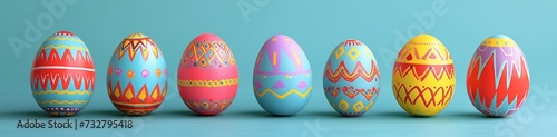 A collection of Easter eggs, each painted in bright, primary colors with bold, graphic designs, set against a sky blue background. photo