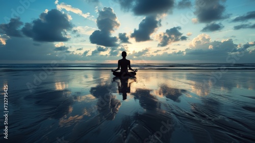 A silhouette meditator practicing yoga on a tranquil beach, connecting mind, ...