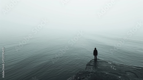 A small figure standing at the edge of the ocean, contemplating the vastness with curiosity and awe