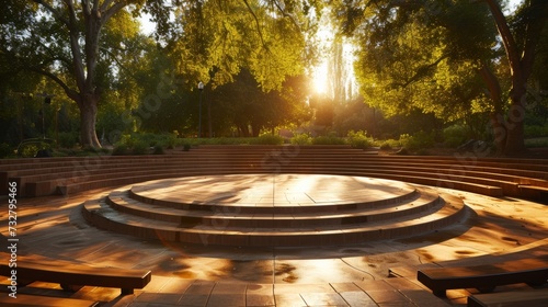 A serene outdoor amphitheater, bathed in soft light, ready to host an evening...