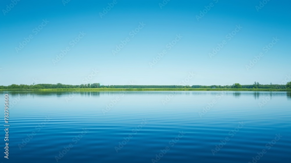 A tranquil lake reflecting the clear blue sky, creating a sense of serenity and inner peace