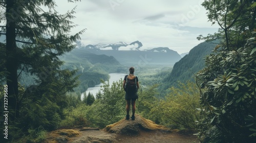 A serene landscape photograph of a hiker exploring majestic mountains and lus...