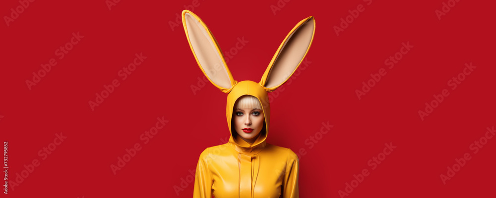 Jacket with long bunny ears. Beautiful young white blonde woman with red lips in yellow leather raincoat with hood. Carnival costume for Happy Easter on dark red background. Copy space for text Jacket with long bunny ears. Beautiful young white blonde woman with red lips in yellow leather raincoat with hood. Carnival costume for Happy Easter on dark red background. Copy space for text