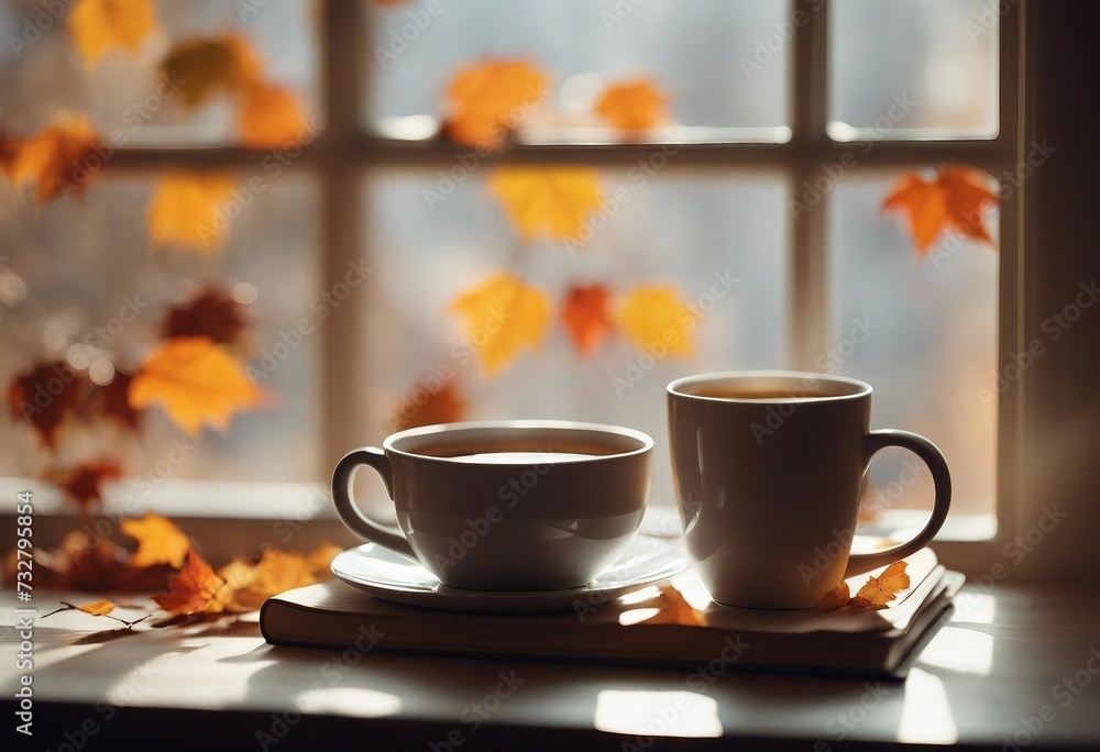 Two coffee cups warm plaid and autumnal leaves on a window sill in autumn Autumn background Romantic morning for couples Two coffee cups warm plaid and autumnal leaves on a window sill in autumn Autumn background Romantic morning for couples