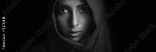 Black and white poster. Close-up portrait of woman in burqa. Horizontal banner. Tanned Muslim woman looks at camera on black background. Concept of belief in God, Arab world, Palestine. BW photo