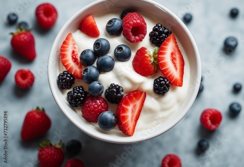 Fresh yogurt Breakfast with yogurt with fruits and berries Healthy food concept Top view Copy space Rich in Vitamins and Plant Compounds