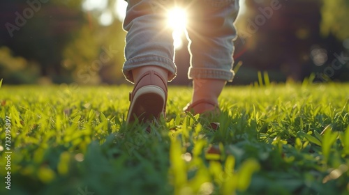 A toddler's first steps on a grassy field, with outstretched hands reaching f...
