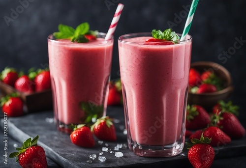 Strawberry smoothie in two glasses on dark background with copy space Summer drink cocktail Healthy eating concept