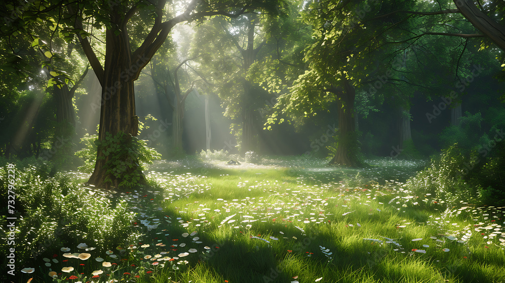 Obraz premium A serene forest glade with dappled sunlight filtering through the trees, capturing the beauty of nature and tranquility