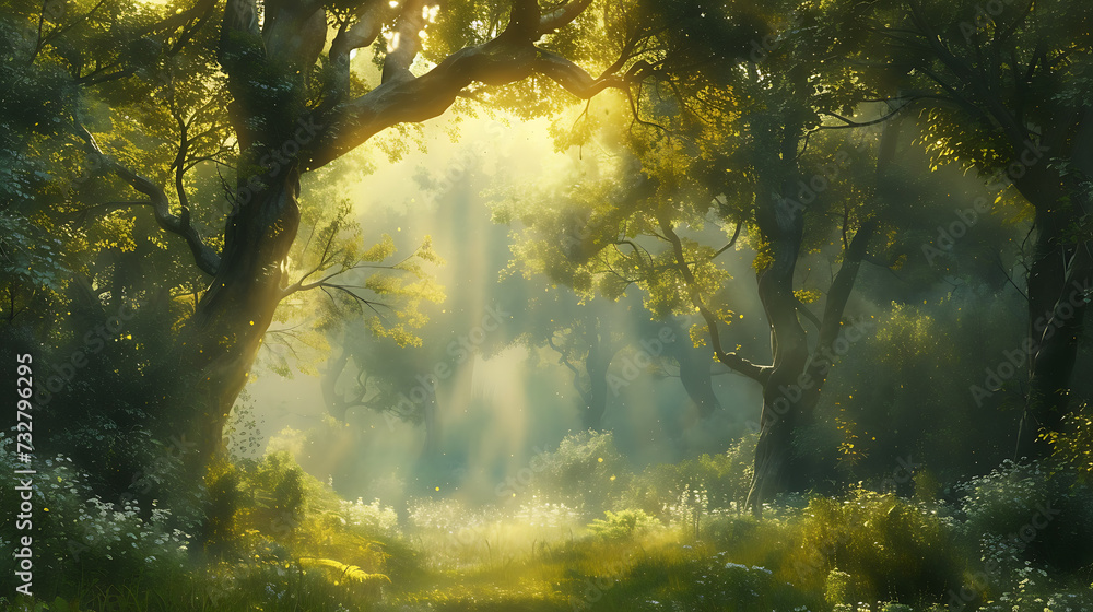 A serene forest glade with dappled sunlight filtering through the trees, capturing the beauty of nature and tranquility - obrazy, fototapety, plakaty 