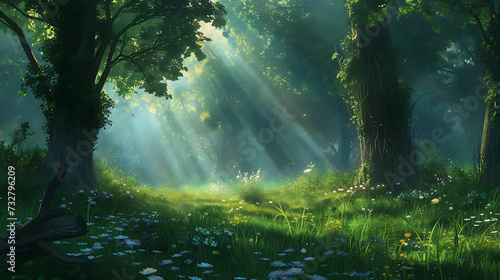 A serene forest glade with dappled sunlight filtering through the trees  capturing the beauty of nature and tranquility