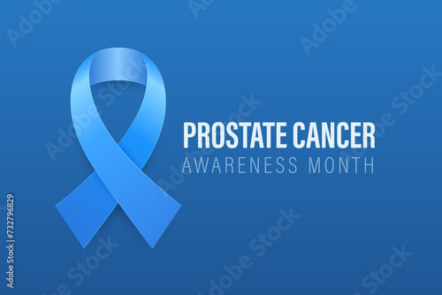 Prostate Cancer Banner, Card, Placard with Vector 3d Realistic Blue Ribbon on Blue Background. Prostate Cancer Awareness Month Symbol Closeup, September. World Prostate Cancer Day Concept