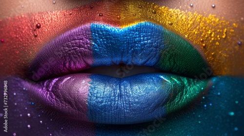 Prismatic Lip Art: Close-Up of Rainbow-Colored Lipstick with a Lustrous Shine