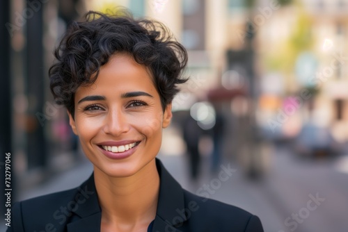 Young happy pretty smiling professional business woman, happy confident positive female entrepreneur standing outdoor on street, looking at camera