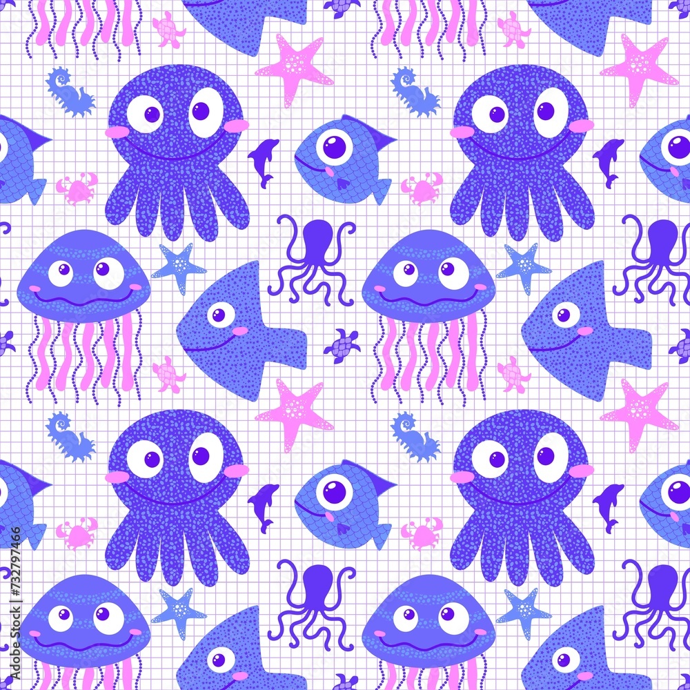 Ocean animals seamless jellyfish and crabs and starfish and fish and octopus pattern for wrapping paper Ocean animals seamless jellyfish and crabs and starfish and fish and octopus pattern for wrapping paper