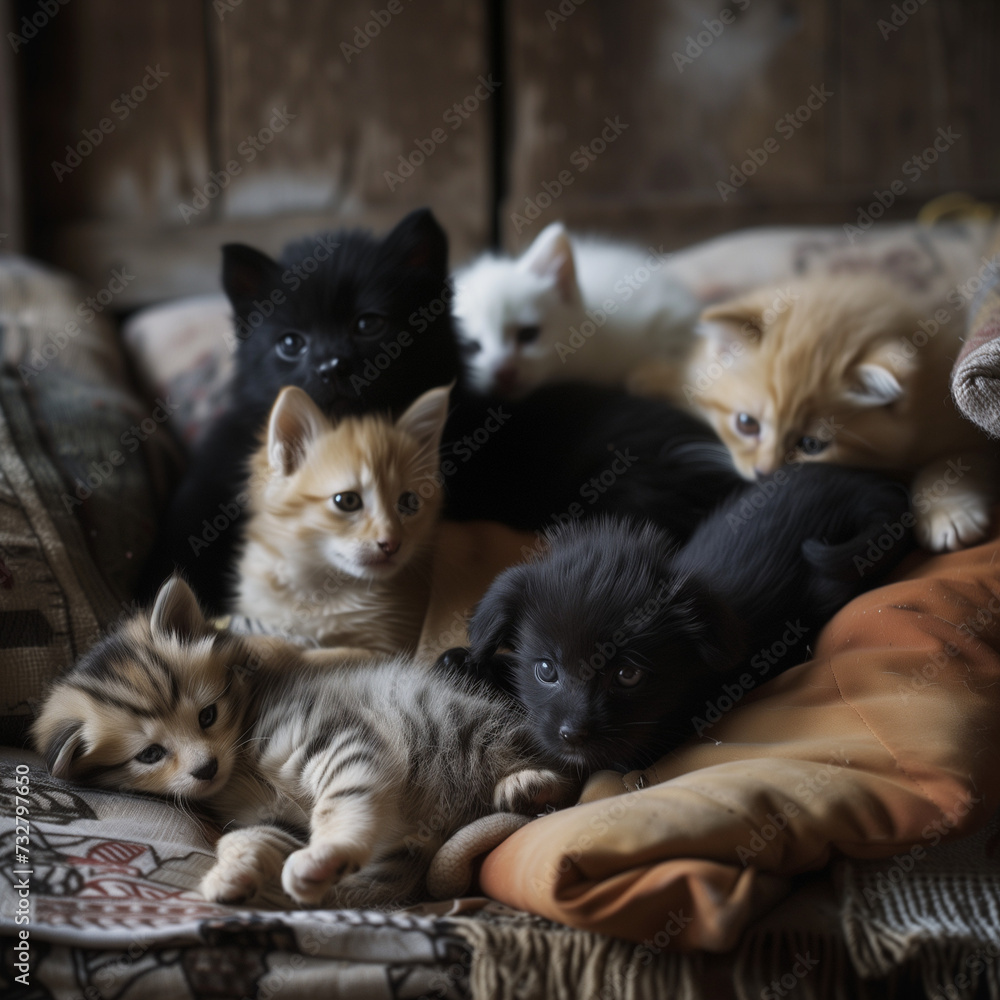 Adorable Puppies and Kittens Lounging Together