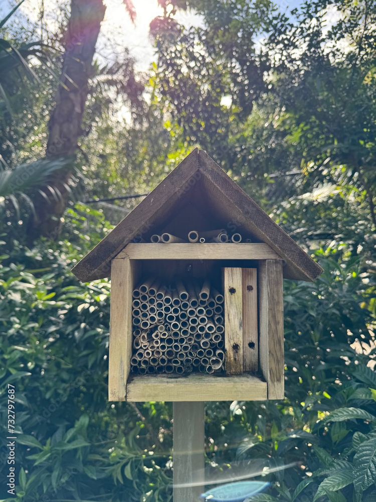 Wooden insect house in summer green garden. Wood Bugs hotel in spring ...