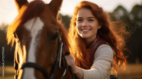 Beautiful red-haired girl riding a horse on the field at sunset