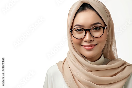 Asian Muslim woman wearing glasses smiling to give greeting during Ramadan and Eid Al Fitr celebration over white background, realistic, HD, copy space - generative ai