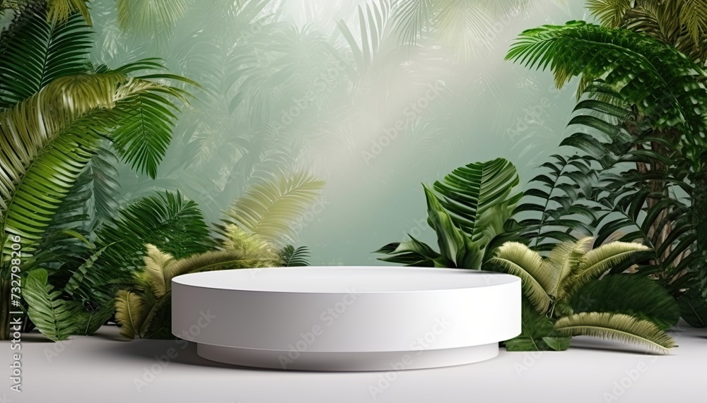 White podium on tropical plant background for product presentation. White podium on tropical plant background for product presentation.