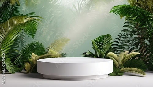 White podium on tropical plant background for product presentation.