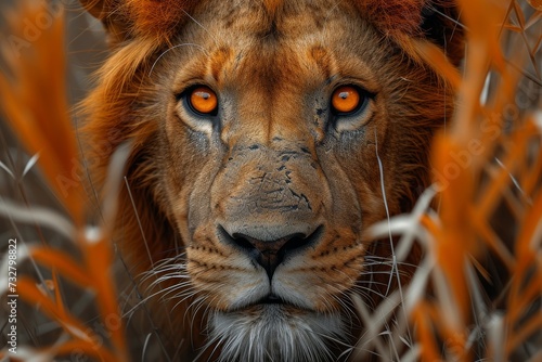 The regal lion's piercing gaze and soft brown fur create a captivating close up, showcasing the fierce beauty of this majestic terrestrial animal © familymedia