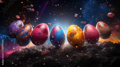 Traditional Easter colored eggs, in space style. universe and planets, colorful, magical design