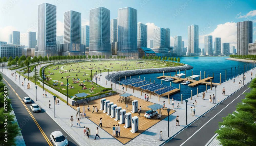 Fototapeta premium Sunny Strolls and Solar Power: Waterfront Park Merges Recreation with Sustainable Charging Solutions