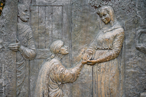 The Visitation – Second Joyful Mystery of the Rosary. A relief sculpture on Mount Podbrdo (the Hill of Apparitions) in Medjugorje. photo