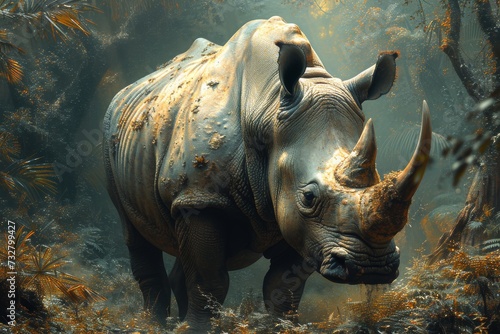 A majestic white rhinoceros stands proudly amidst the lush greenery of the woods, its powerful horn symbolizing the resilience and grace of this magnificent terrestrial animal photo