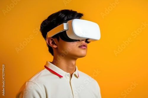 Young asian man wearing virtual reality. Studio shot on yellow background © foto.katarinka