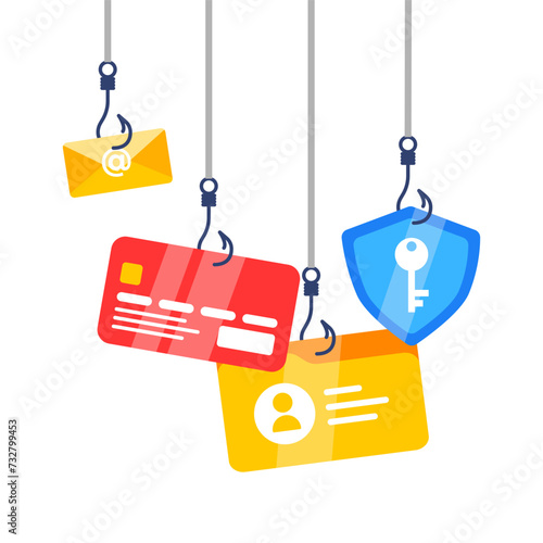 Phishing Scam Alert Concept. Phishing scam, hooks bait with email, card, and shield. Vector illustration