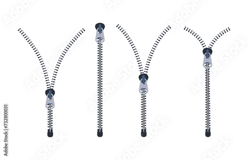 Zipper. Closed and open zip. Clothes accessory. Vector illustration