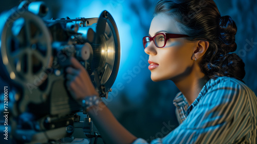 A woman with a retro hairstyle and glasses examines a movie projector photo