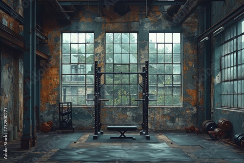 The abandoned building's decaying walls and shattered windows held a forgotten room filled with rusted iron weights, capturing the essence of lost potential and the remnants of a once vibrant gym photo