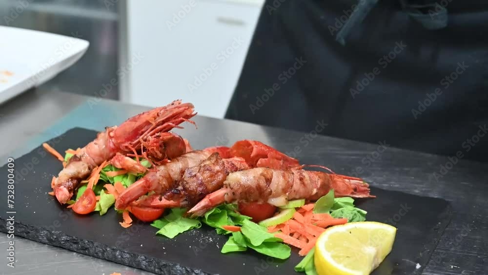 camberoni impiattati e conditi con olio e limone su di una base di insalata camberoni impiattati e conditi con olio e limone su di una base di insalata