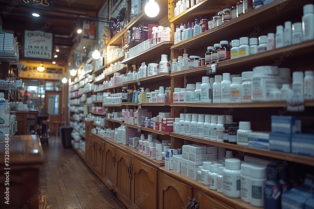 A cluttered retail aisle, lined with large shelves of medicine bottles, creates a sterile yet overwhelming atmosphere in the indoor shop