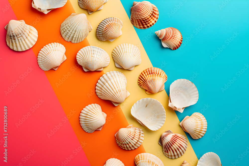 multicolored background with seashells. the concept of travel , the seashore multicolored background with seashells. the concept of travel , the seashore
